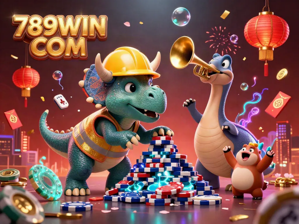 Engage with vibrant 3D casino imagery at 789WIN COM featuring triceratops building poker chip pyramid.