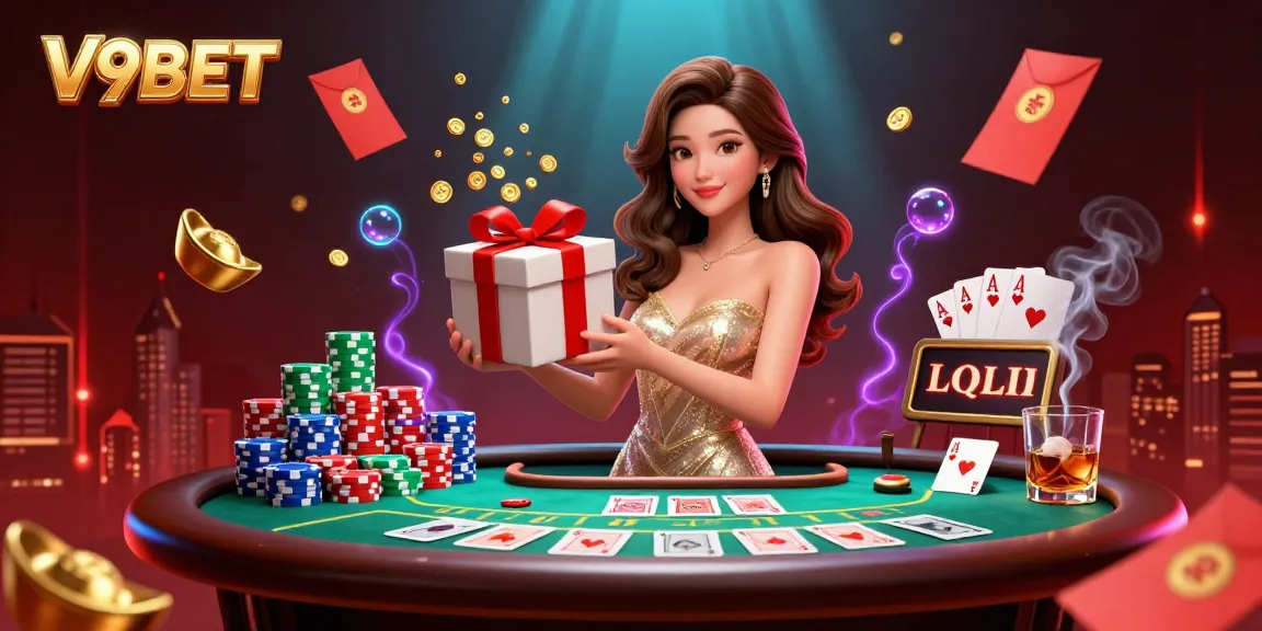 Experience V9BET's vibrant casino atmosphere with winning casino elements and golden treasures.