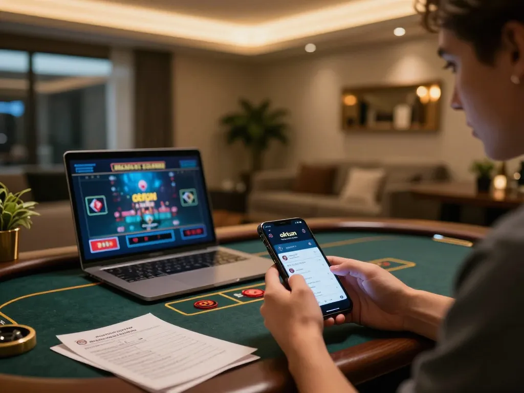 User enjoying online gaming session on okfun com showcasing live dealer table on smartphone in a stylish workspace