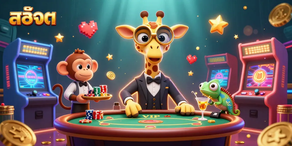 Spin the reels in this vibrant สล็อต scene featuring a high-roller giraffe and playful characters.