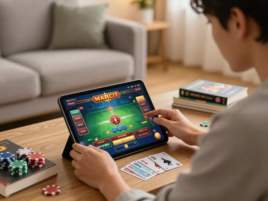 Player engaged in online gaming with 789winh app, analyzing strategies and betting options in a cozy home setting.