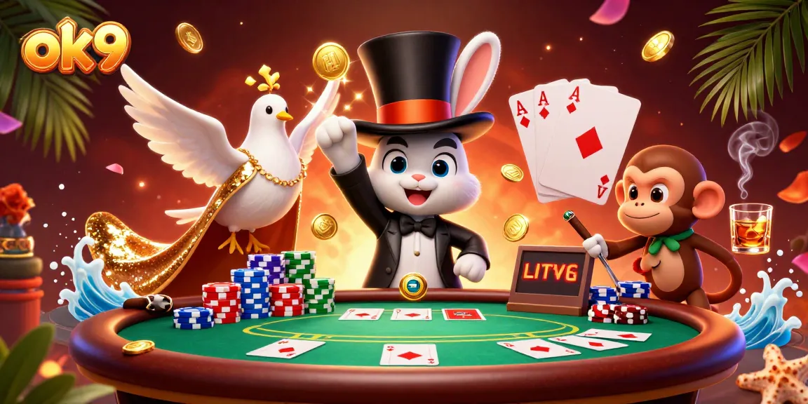 Experience thrilling moments at ok9 as a cartoon magician rabbit reveals golden coins in this vibrant casino scene.