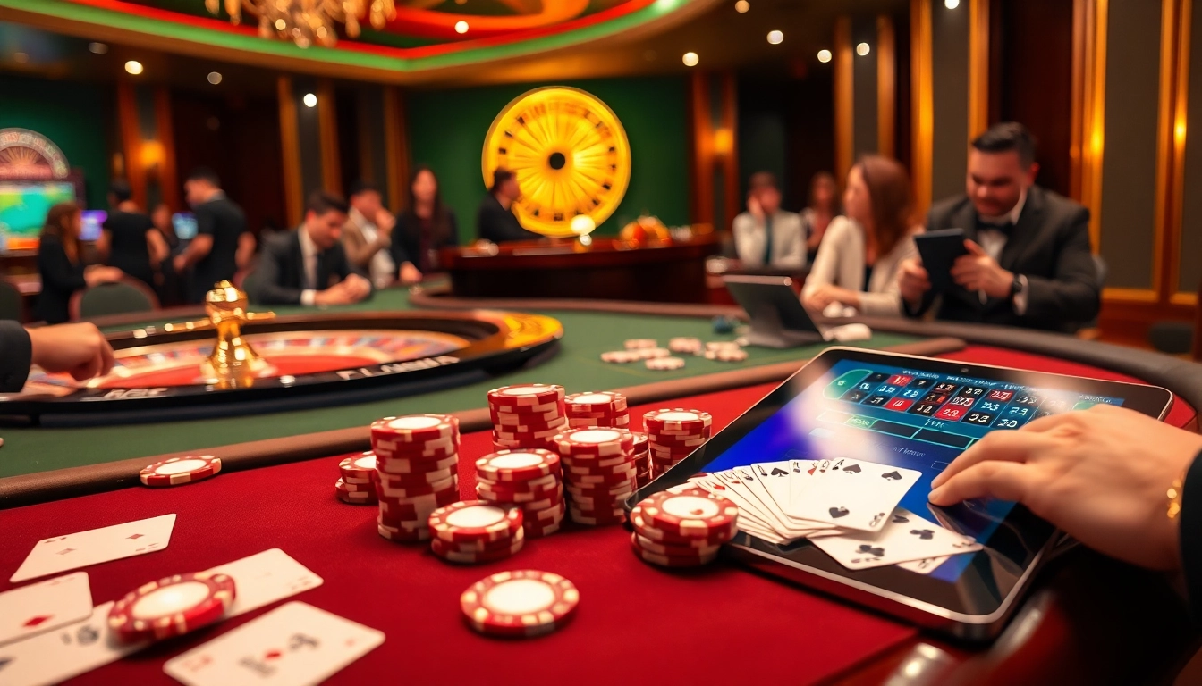 Players engage in as they master LC88 Vip gameplay at a luxurious casino with poker chips and roulette wheel.