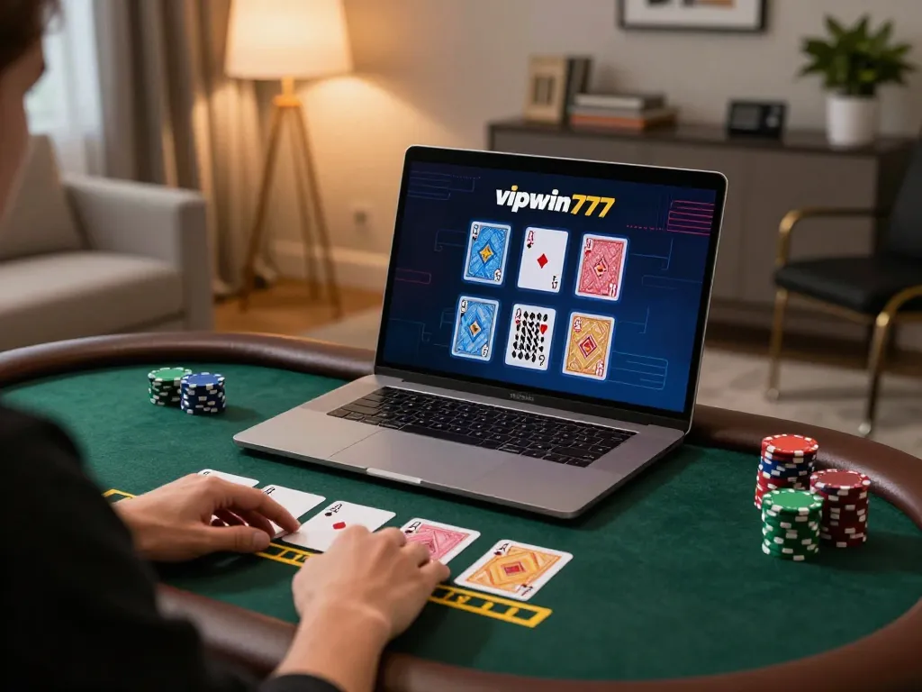 Player enjoying live blackjack on vipwin777 in a stylish home office setting.