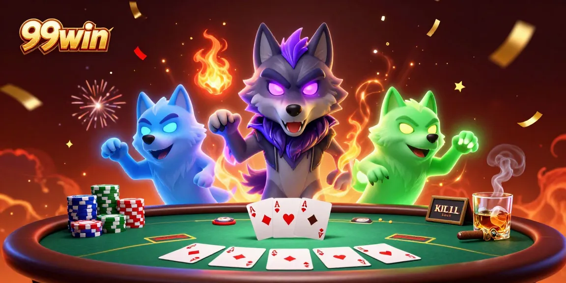 Experience the excitement of 99win as ghostly wolves play poker amidst vibrant casino elements.