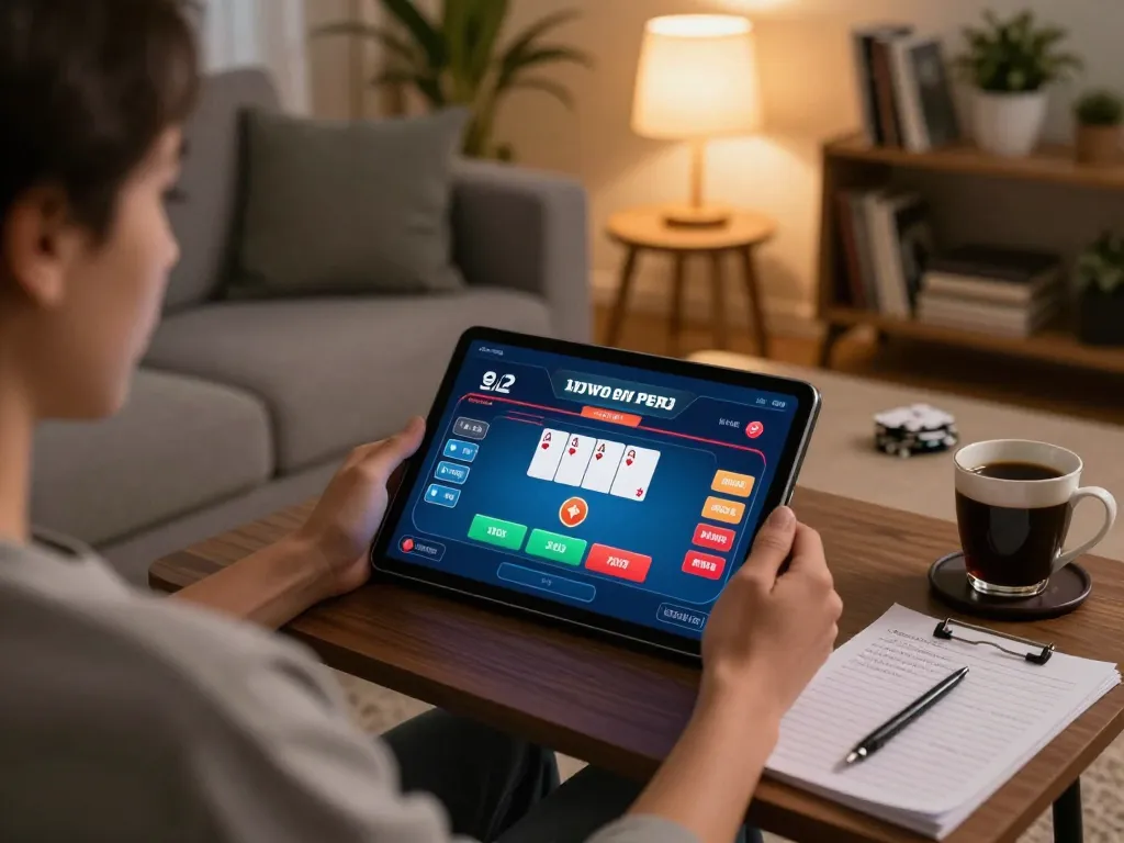 Engaging in Top game bài đổi thưởng on tablet at home, showcasing interactive poker gameplay