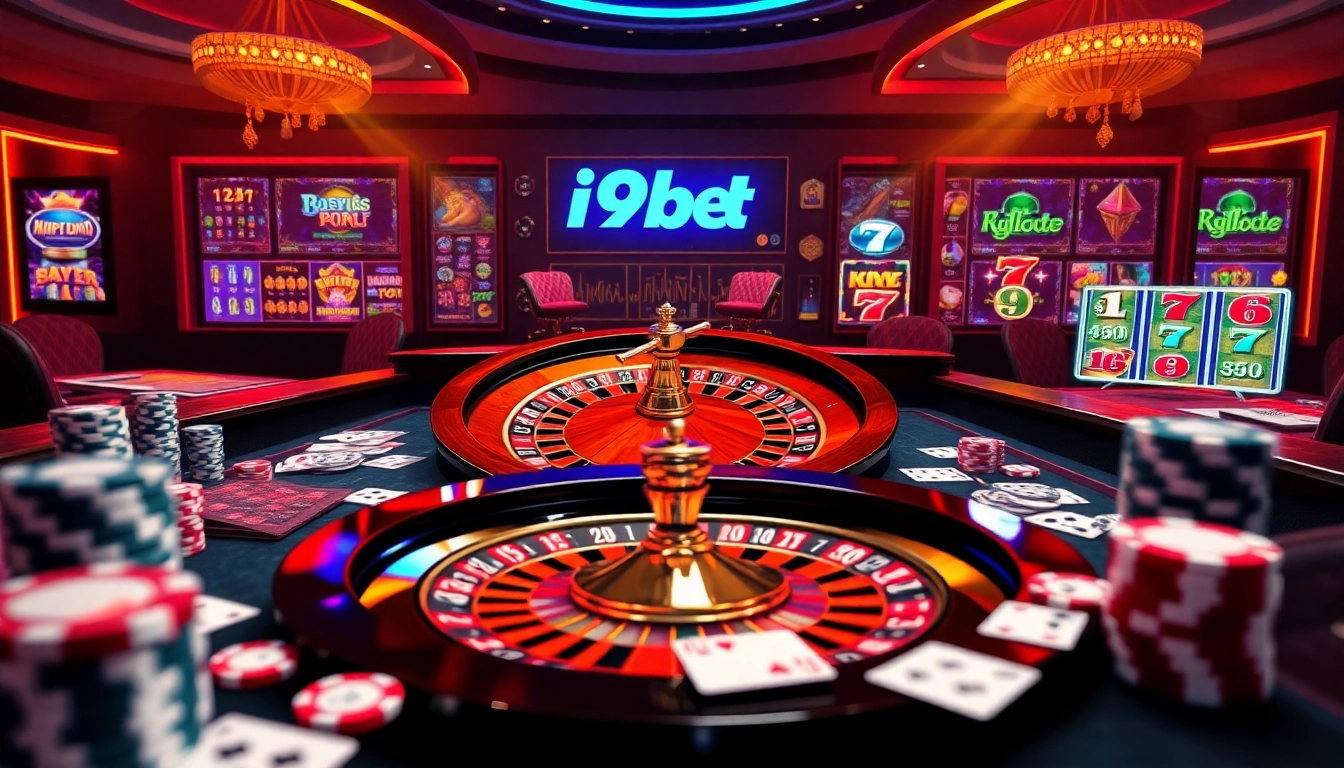Experience thrilling gameplay at i9bet with vibrant casino tables and spinning roulette wheels.