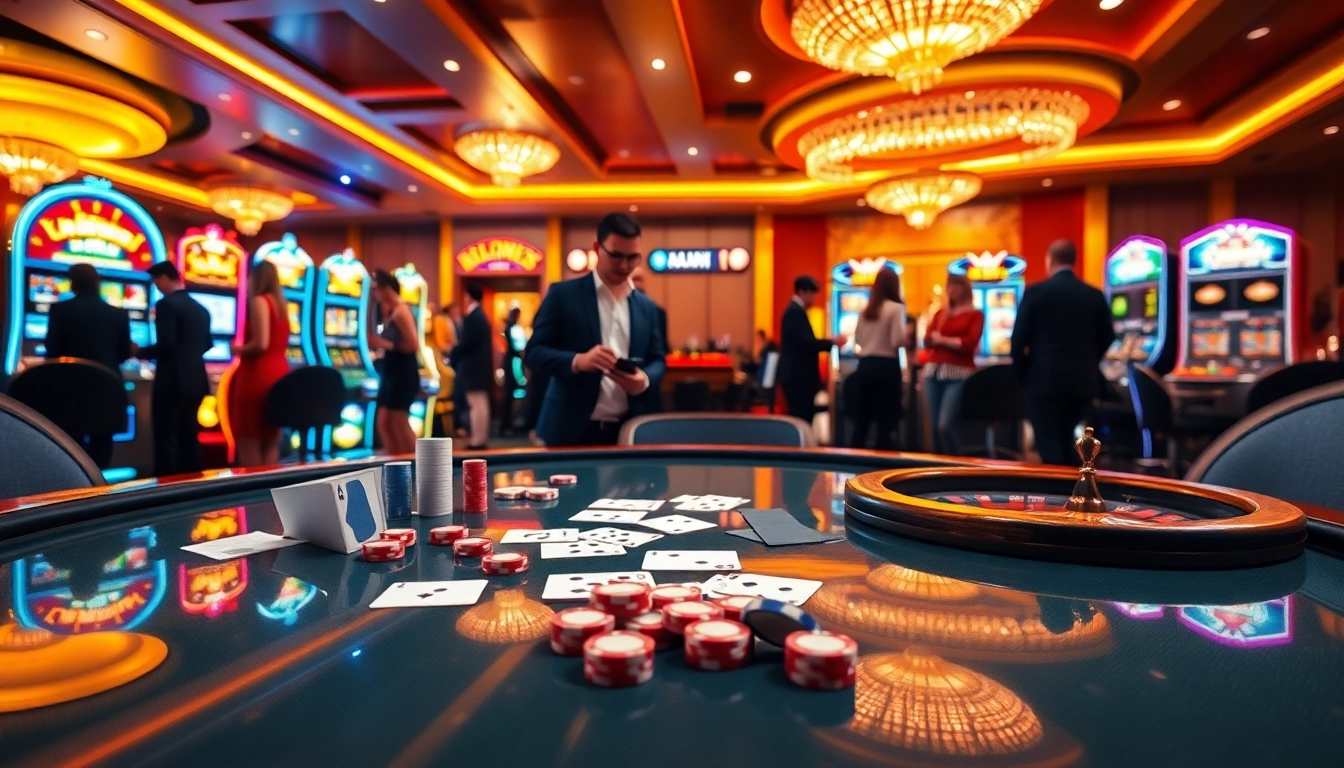 An engaging gambling scene on trang chủ 888b showcasing poker chips and a roulette wheel in a luxurious setting.