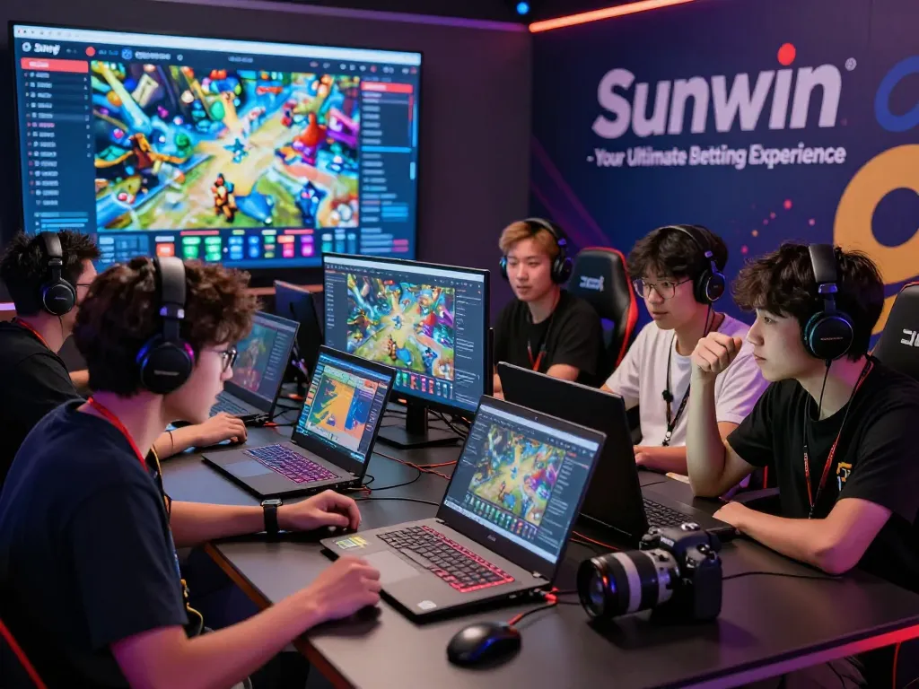 Engaging group of players enjoying Sunwin gaming platform in a vibrant environment, showcasing excitement and interaction.