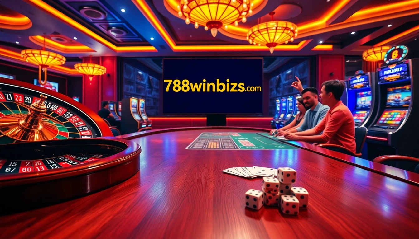 Celebrate wins at 78winbiz.com with an elegant casino ambiance featuring roulette and poker tables.