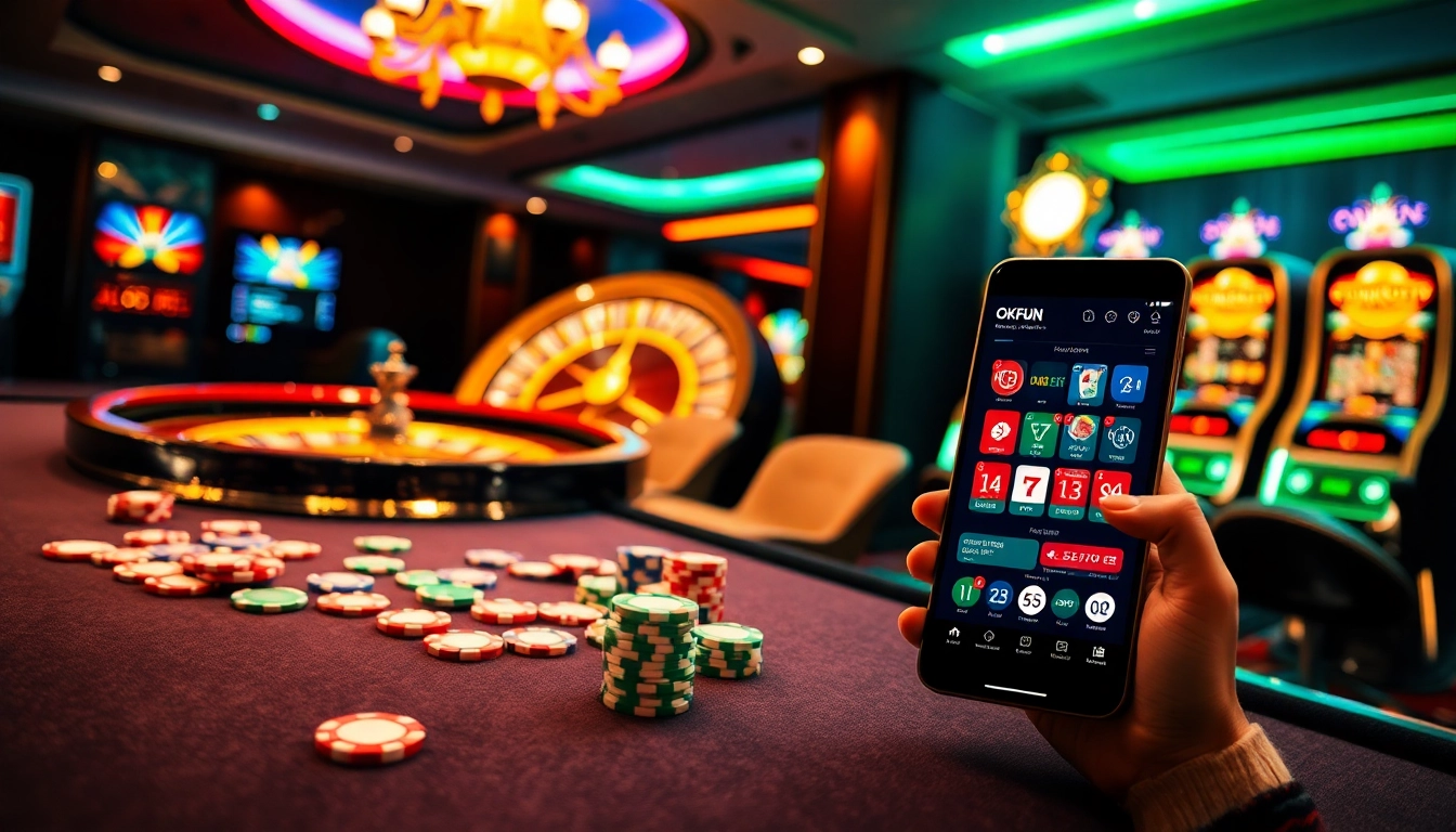 Play an exciting game at OKFUN casino with vibrant poker chips and a spinning roulette wheel.