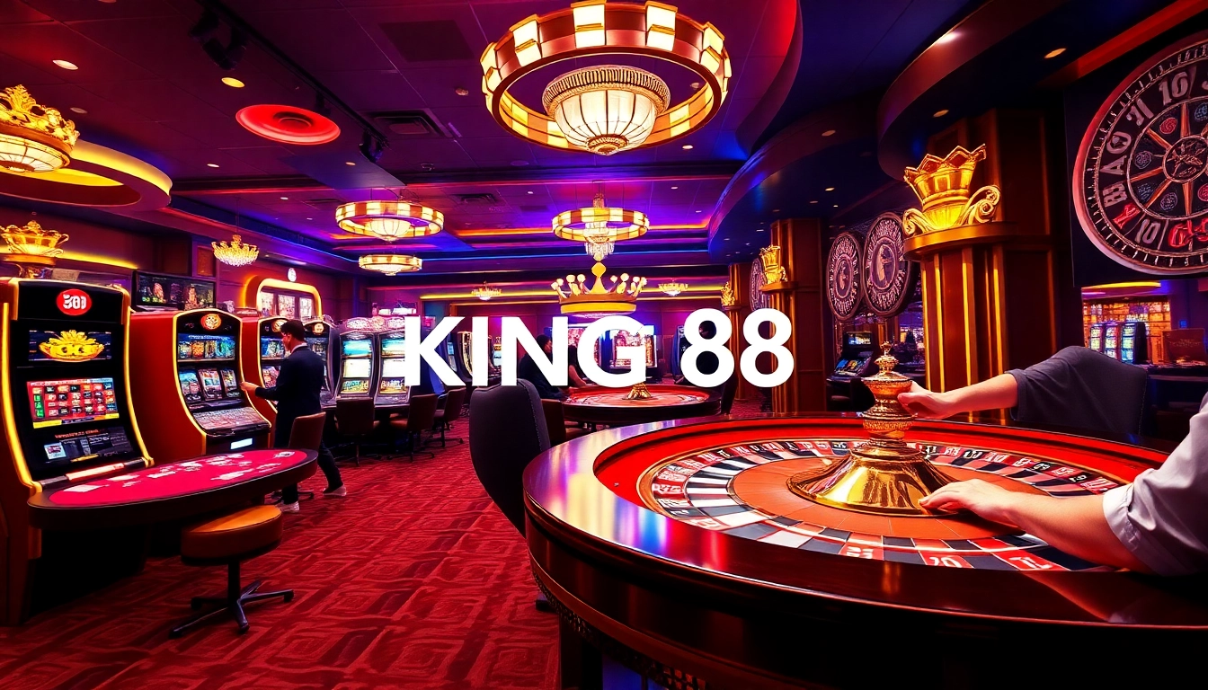 Experience the excitement of king 88 at a luxurious casino featuring slot machines and poker tables.