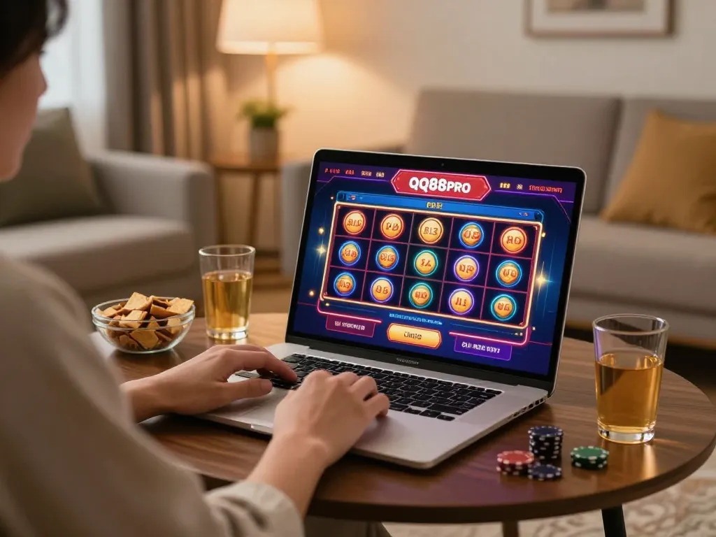 Engaged player enjoying qq88pro online casino experience at home with vibrant gaming interface.