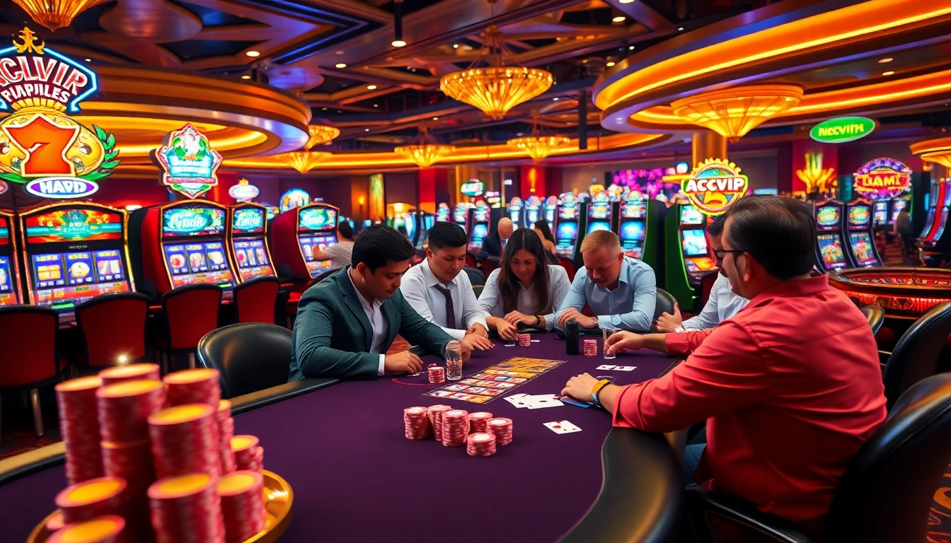 ABCVIP players celebrating wins at a luxurious casino table with vibrant lights.