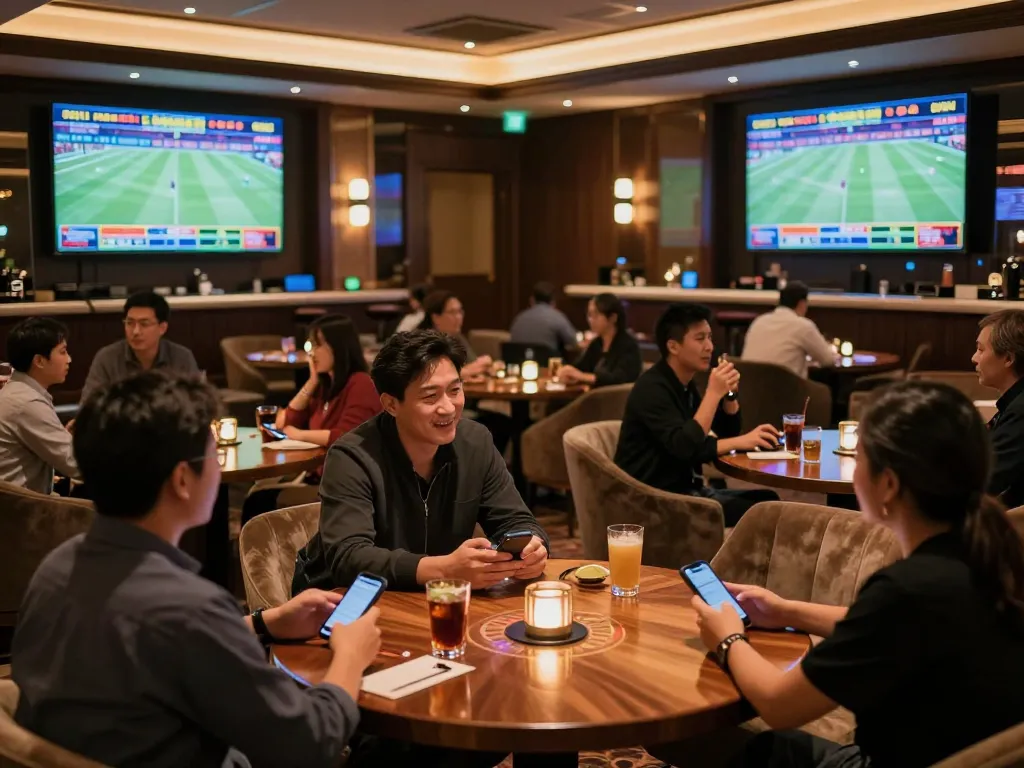 One88 patrons enjoying live sports betting in an upscale casino lounge with vibrant atmosphere.