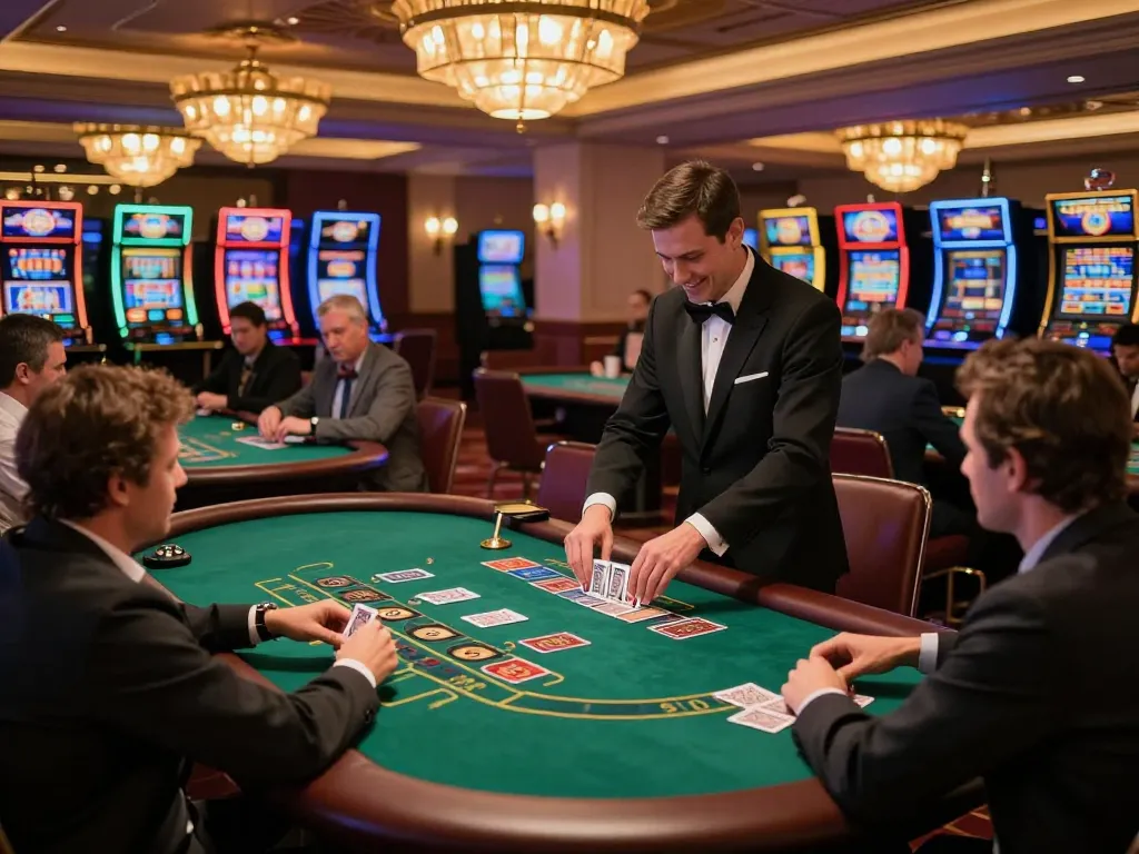 Players enjoying blackjack at keonhacaii88's upscale casino, showcasing intense gameplay and vibrant decor.