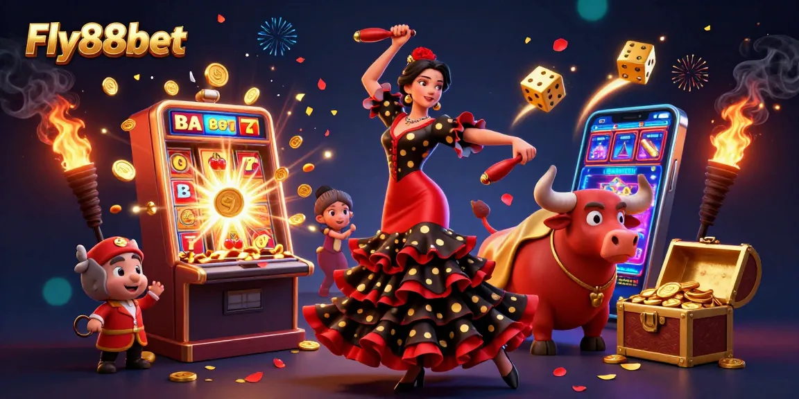 Experience thrilling games at Fly88bet, showcasing vibrant casino action with a lively scene of dancing, slot machines, and winning moments.