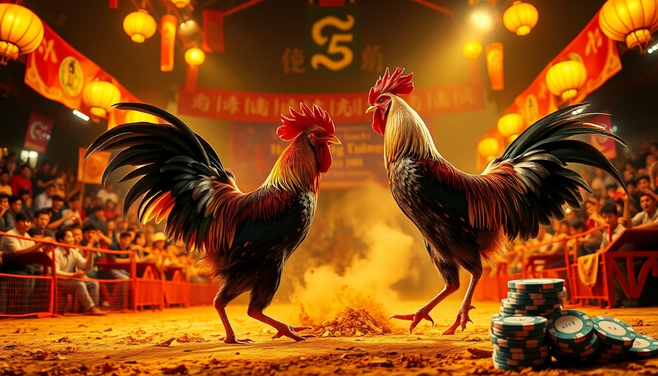 Experience TRỰC TIẾP ĐÁ GÀ C1 with vibrant rooster fighting action and an engaged audience.