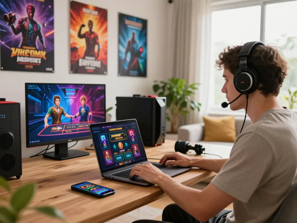 Exciting online gaming scene featuring b52 user enjoying casino games in a cozy living room.