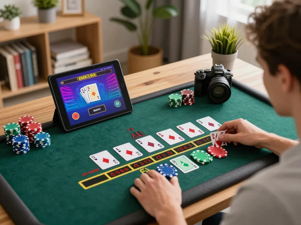 Engaging gameplay at qq88 online casino with a live blackjack game on a tablet in a cozy home setting
