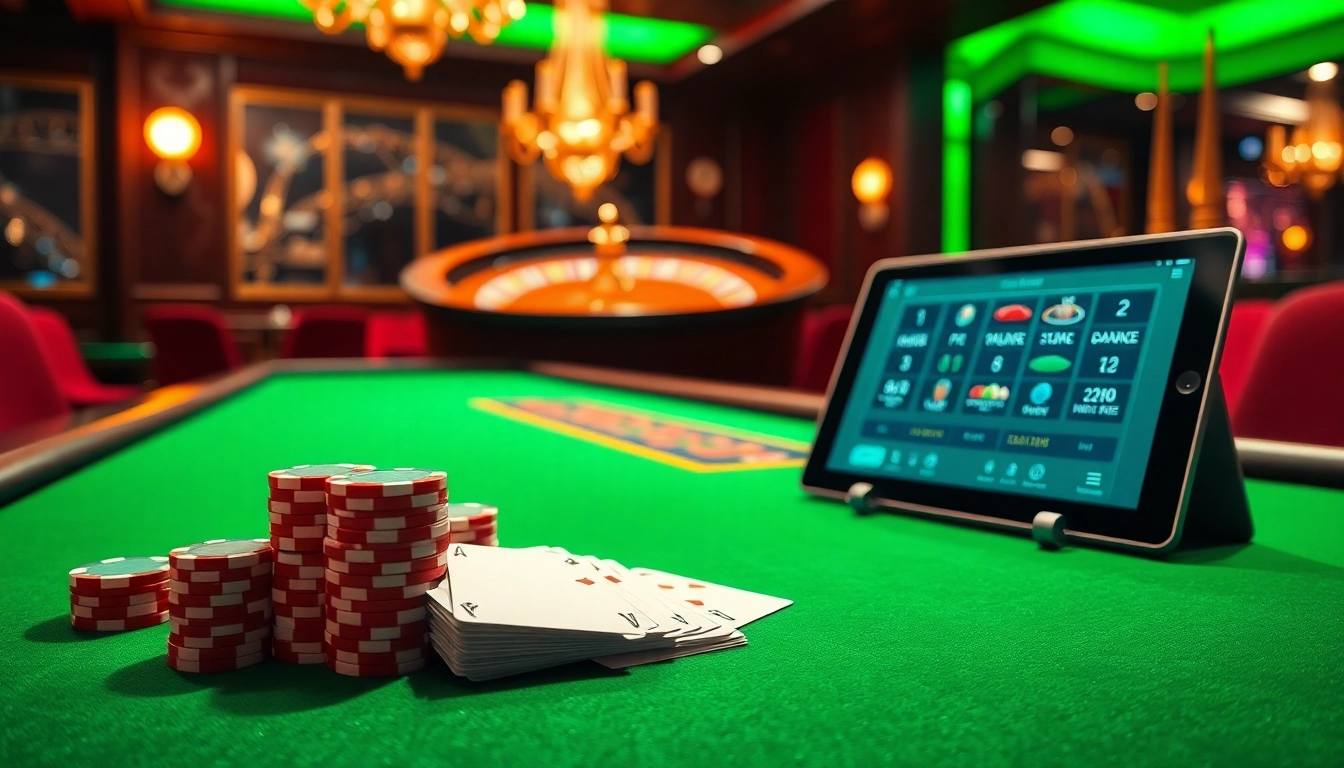 Experience the thrill of gambling at n188 com with a luxurious casino setup featuring roulette and poker tables.