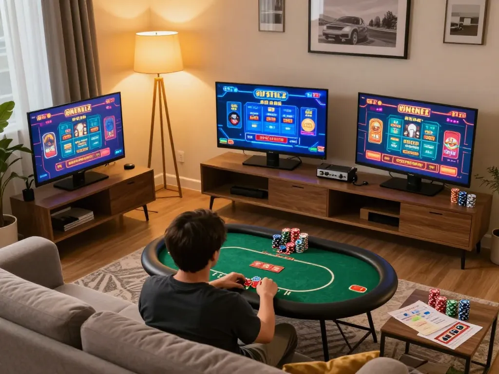An engaged player in an online casino setup using nhacaiuytinn for poker game strategies on their tablet.