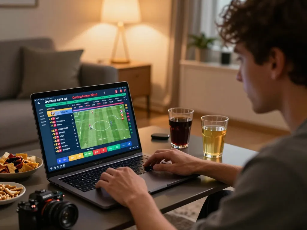 Sin88 user actively engaging in sports betting from a stylish home setup, showcasing live odds and excitement.