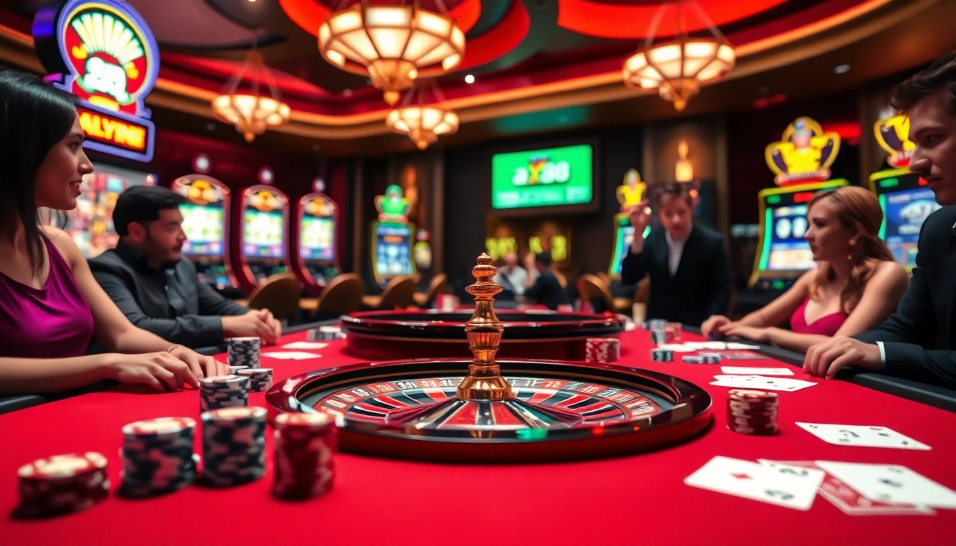 Players enjoying a thrilling game at the ax88 casino table with poker chips and cards.