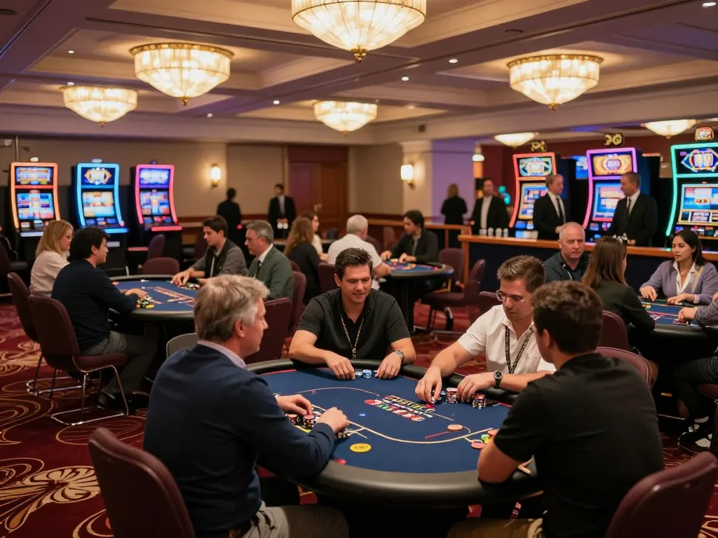 Players enjoying an exciting poker game at qtr88.com casino with vibrant lights and engaging atmosphere.