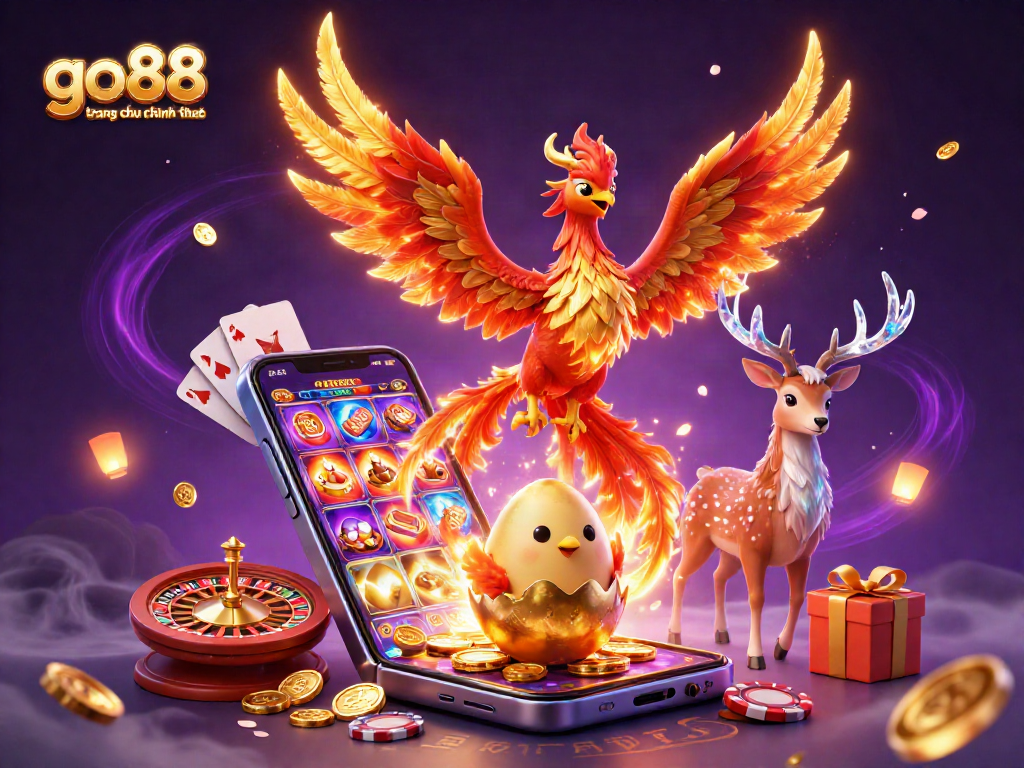 Engage with go88 trang chu chinh thuc in this vibrant casino scene featuring a fire phoenix and dynamic game elements.