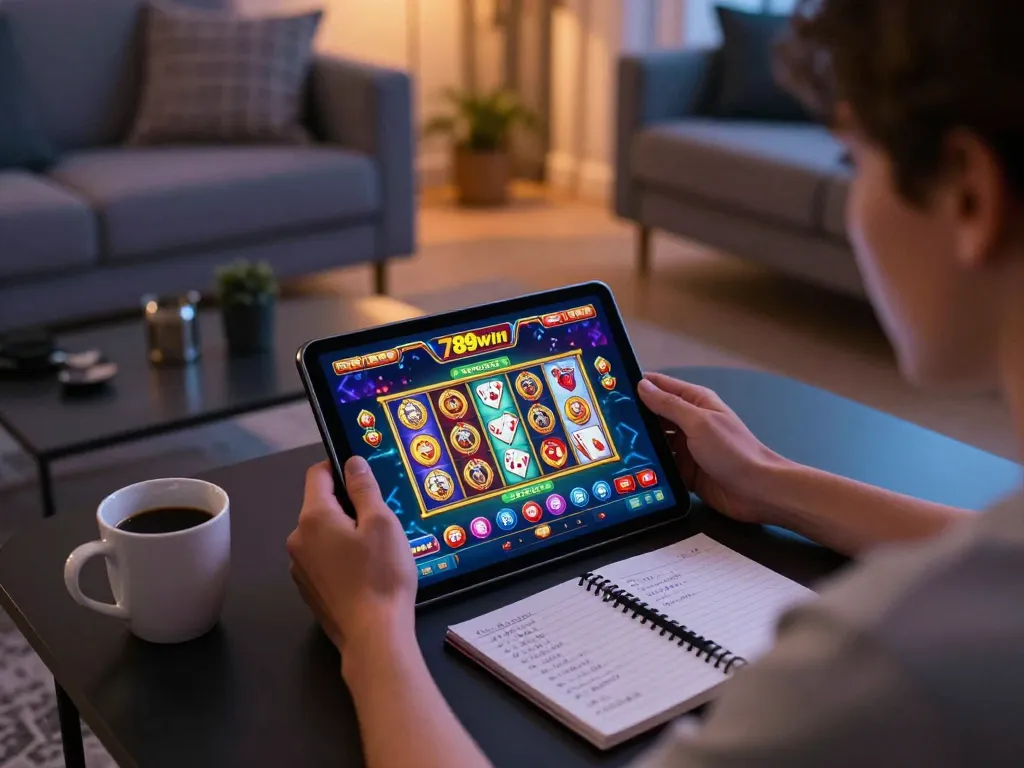 Player strategizing on 789win while enjoying online casino games in a cozy home setting.