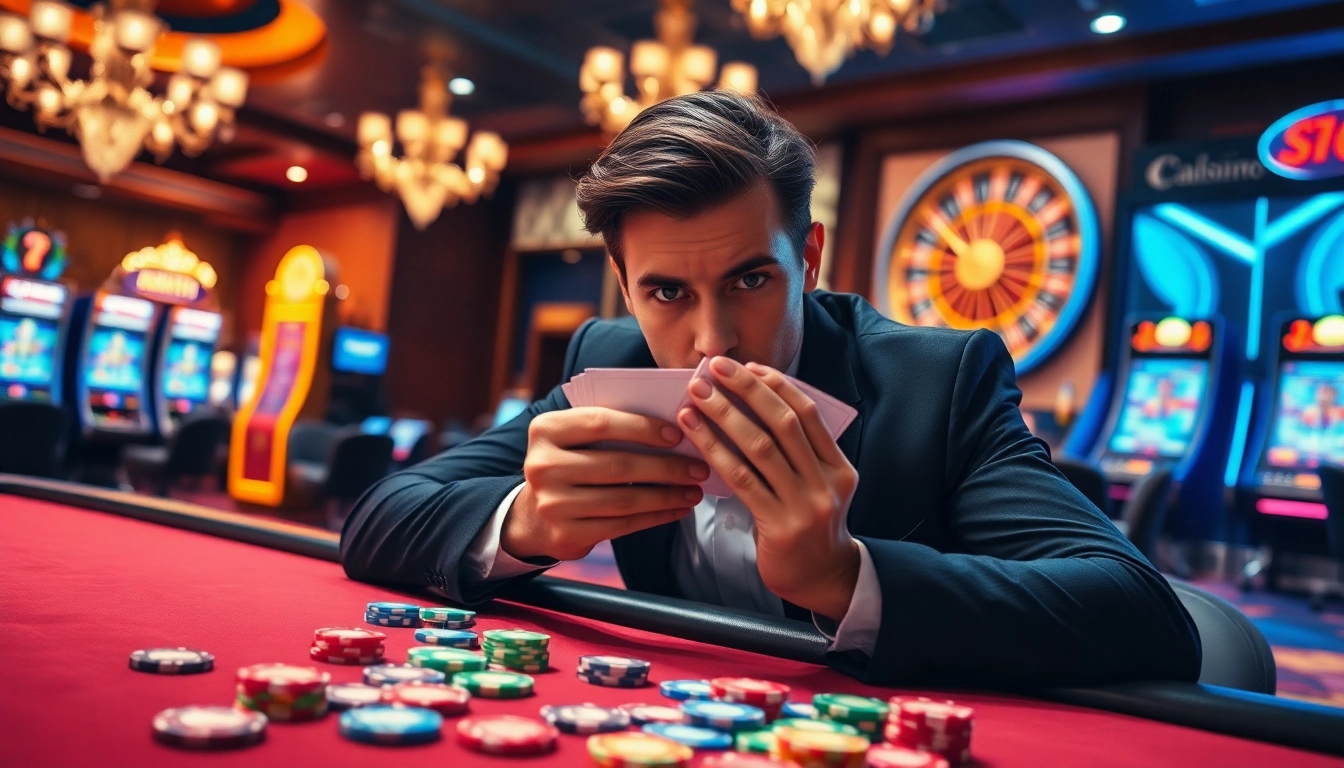 Exciting casino scene with a player engaged at the kkwin table, featuring vibrant poker chips and a roulette wheel.