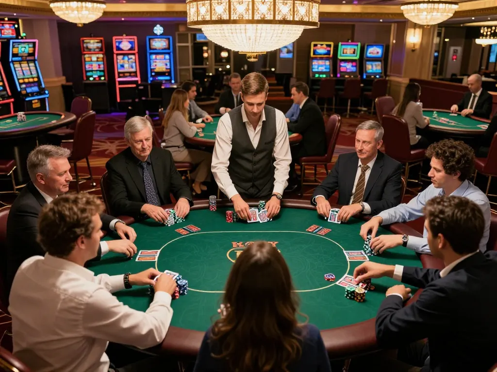Players strategizing during an intense poker game at 789p casino, with vibrant lights and luxury atmosphere
