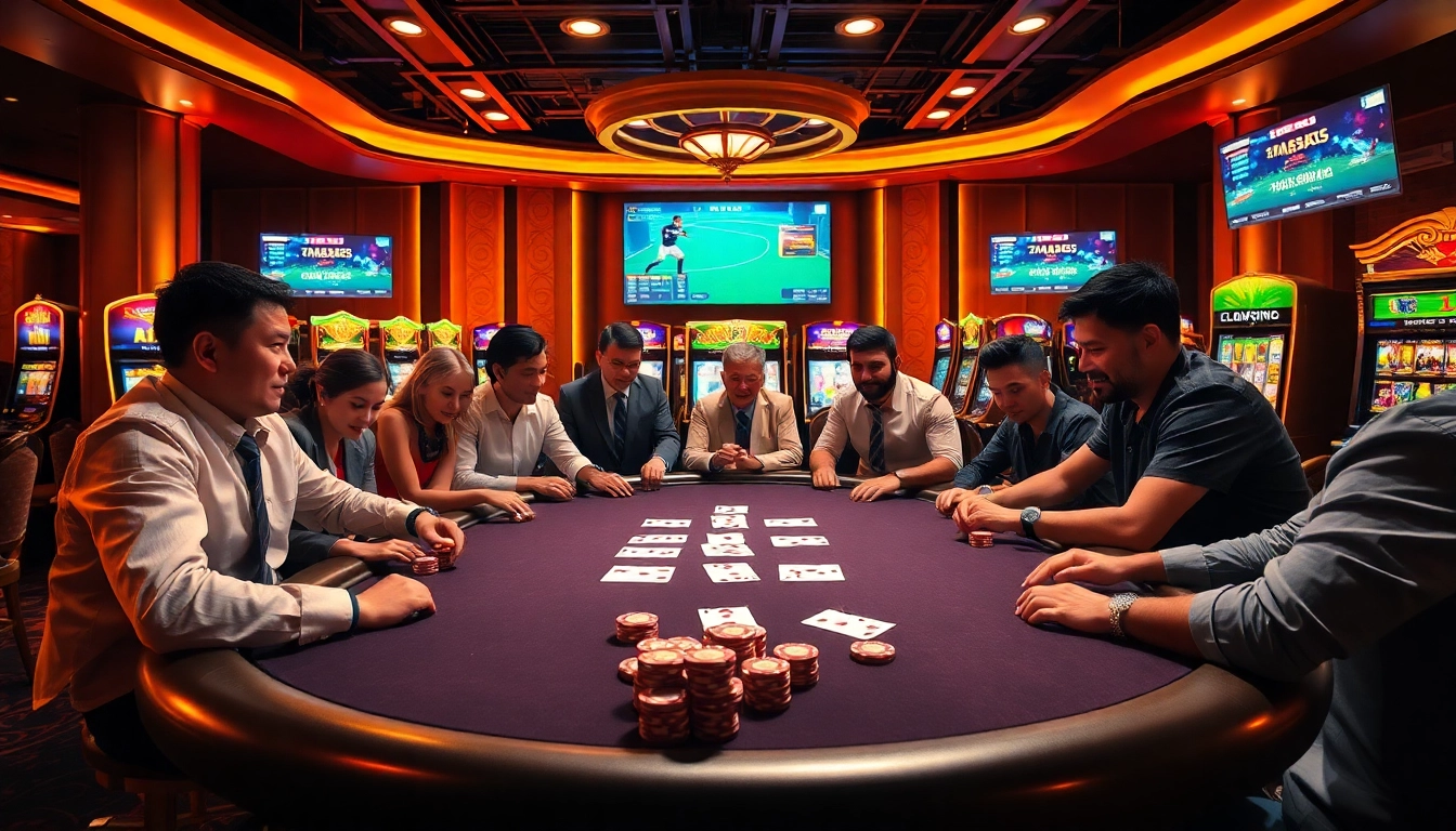 An engaging poker scene highlighting lương sơn tv bóng đá, with vibrant players and casino elements.
