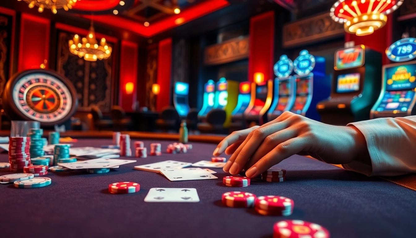 Experience the thrill of betting at 789F's luxurious casino tables, featuring poker chips and cards.