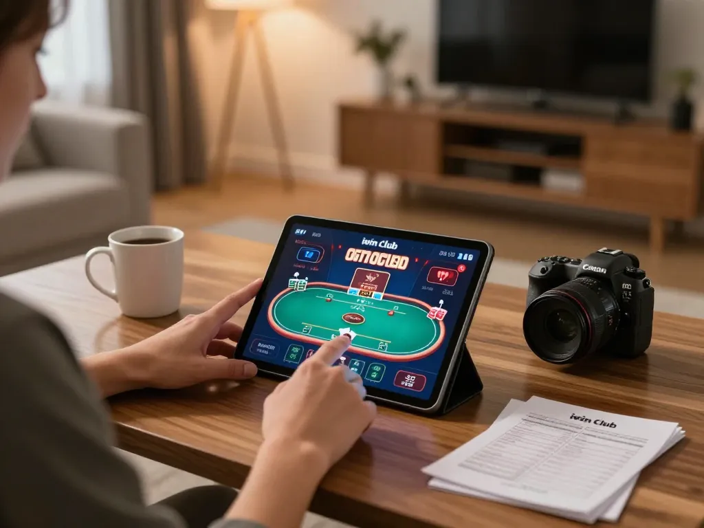 Engaged user playing poker on the iwin club app during a cozy home gaming session.