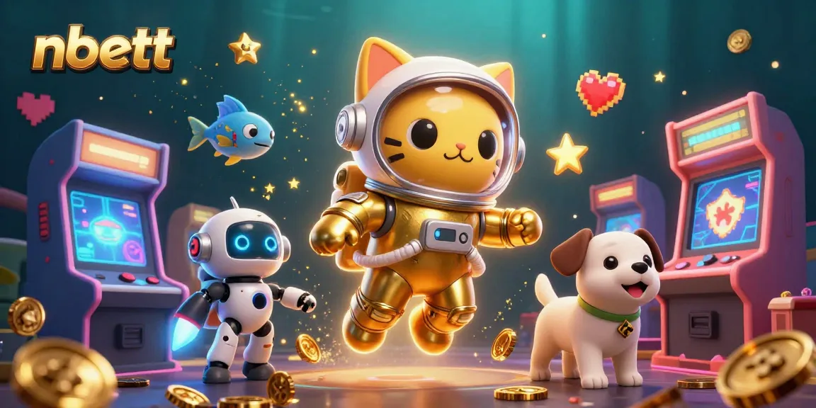 Win big with nbett's vibrant 3D casino arcade featuring a golden astronaut cat and robot companions.