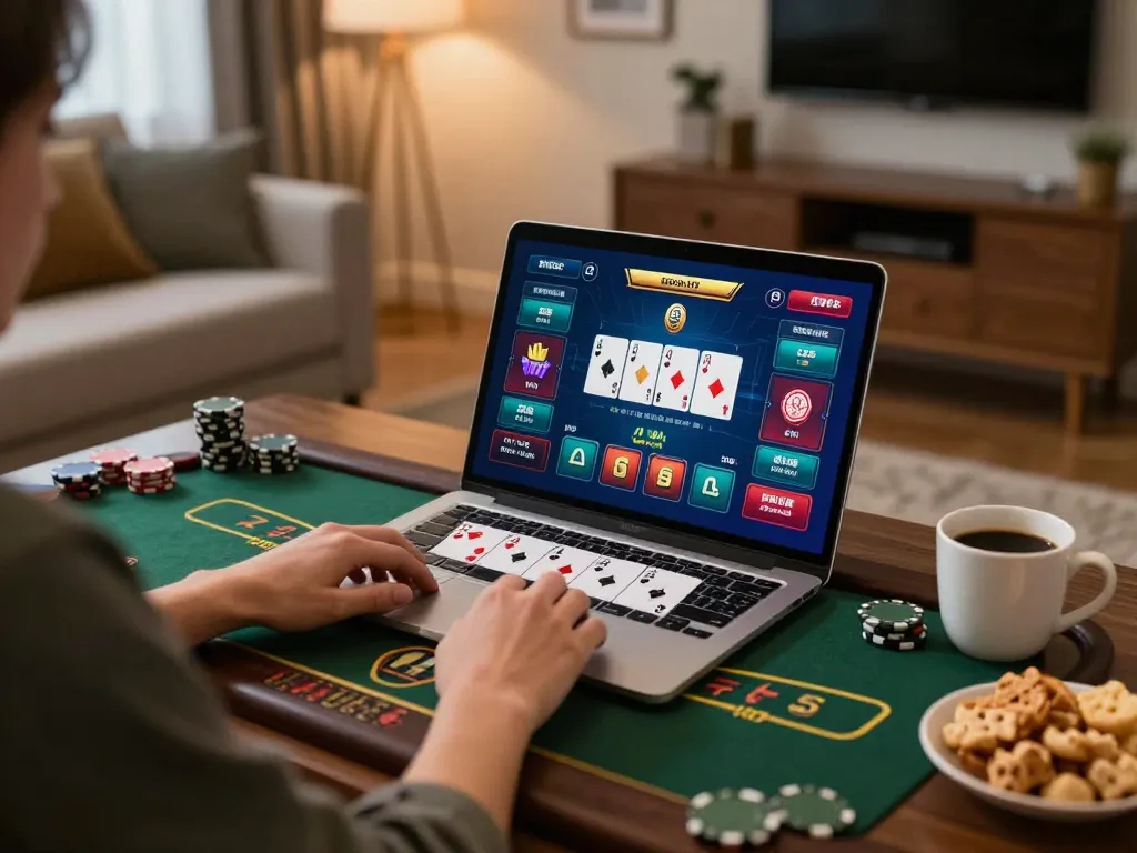 Player enjoying 33win blackjack online in a cozy home setting with vibrant interface