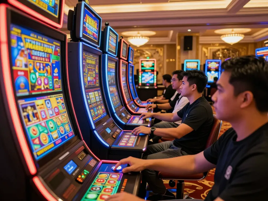 Pemain yang terlibat merayakan kemenangan di mesin slot gacor gampang menang yang menarik di kasino mewah.