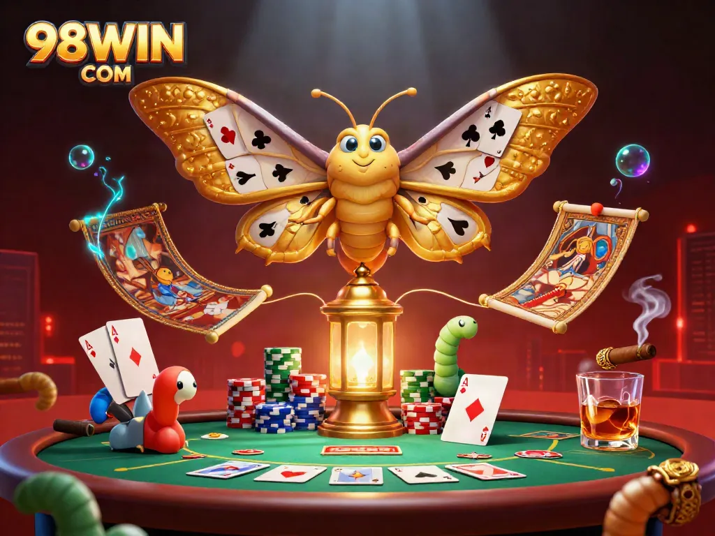 Experience the thrill of gaming at 98WIN COM with vibrant, casino-themed 3D illustration showcasing iconic elements.