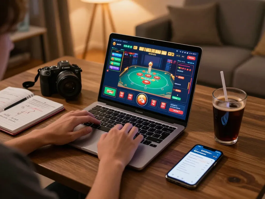 An engaged gamer playing on gnk88.com with strategic notes nearby and a smartphone in a cozy home setting.