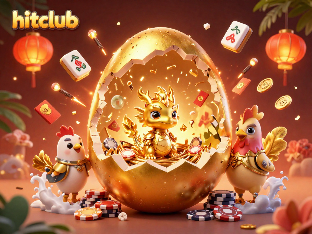 Experience hitclub's thrilling gaming atmosphere with a golden dragon emerging from poker chips amidst festive decorations.