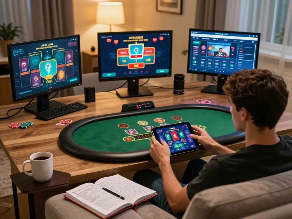 An engaged player enjoying an online blackjack game on their tablet, exploring 98win01's exciting features.
