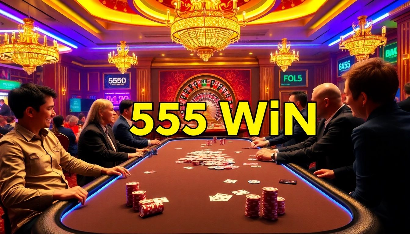 Players winning big at 555 win casino table, showcasing poker excitement and luxury.