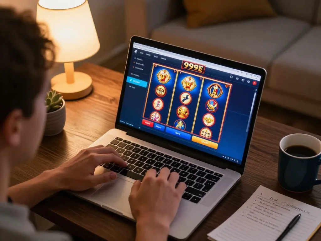Player engaging with the 999E online casino interface, showcasing vibrant slot games.