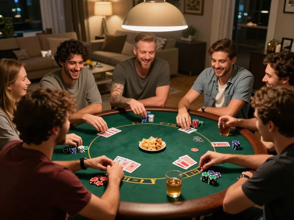 Engaging home poker night with friends playing Texas Hold'em, showcasing camaraderie and excitement, focusing on betting strategies at this intimate gathering.