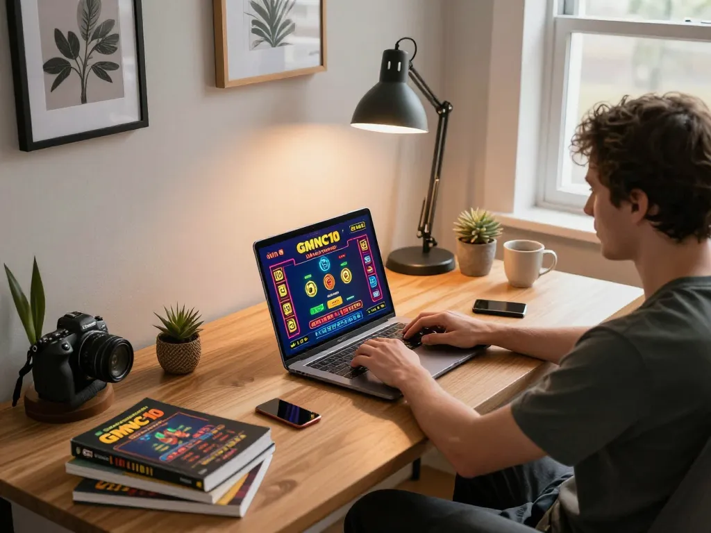Engaged player enjoying gmnc10 online casino gaming from a stylish home office setup.