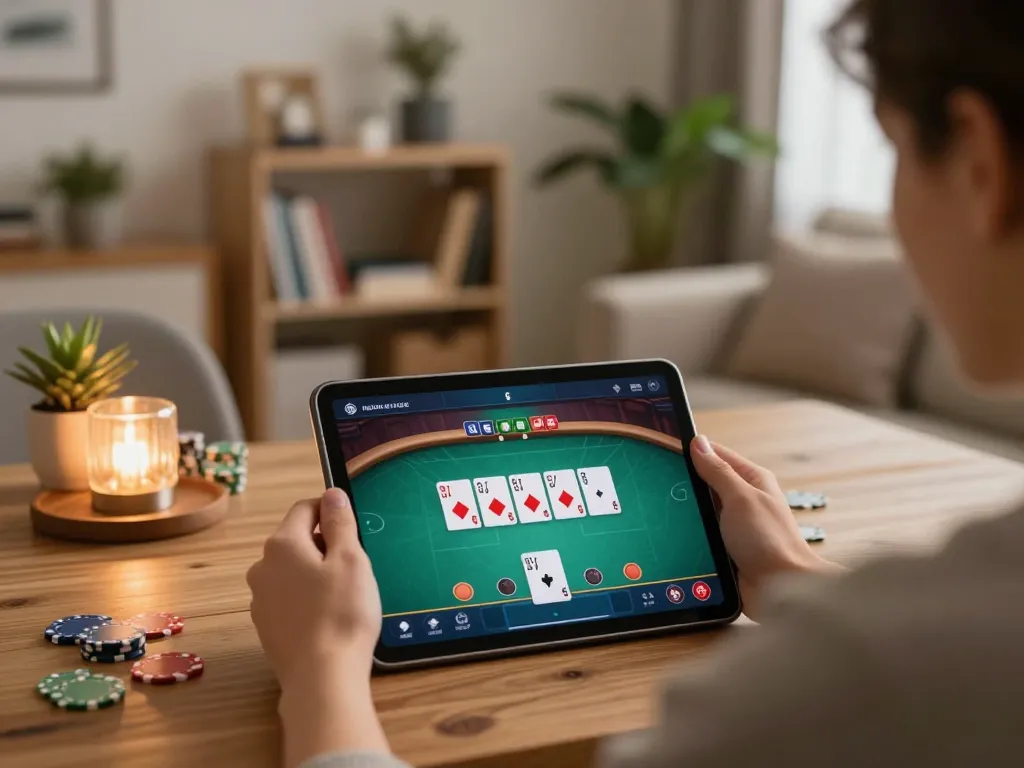 Bay789 user enjoying an online poker game on a tablet in a cozy home setting.