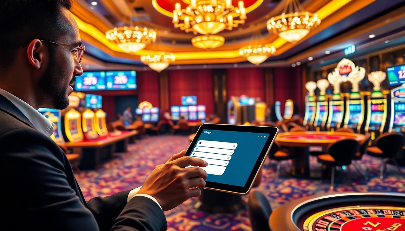 Experience the thrill of ĐĂNG NHẬP RR88 at a luxurious casino scene featuring vibrant tables and slot machines.