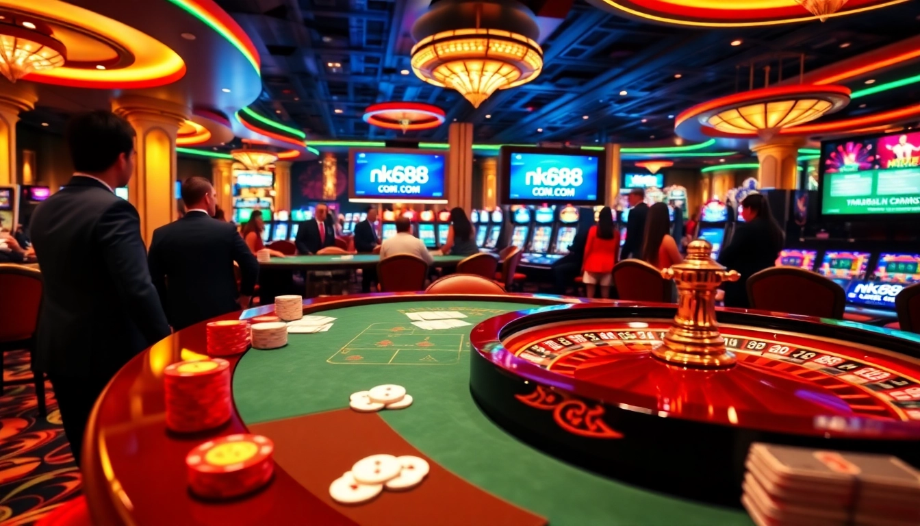 Engaging players at nk88 com in a lively casino setting with poker, roulette, and vibrant slot machines.